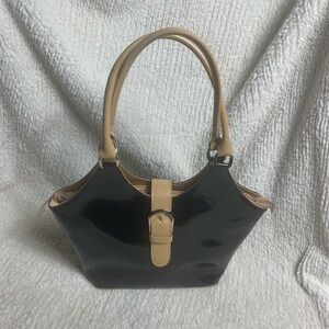 Beijo Black Patent Leather tan straps & front Buckle shoulder bag.